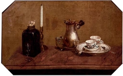 A silver coffee pot, cups on a tray, a bottle and a candlestick, on a tabletop by Anne Vallayer-Coster