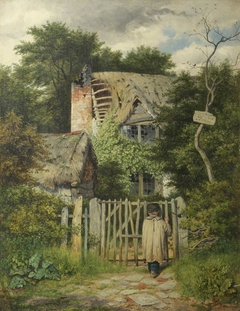 A Small Boy standing at the Gate of a Ruined Cottage by Benjamin Williams Leader