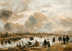 A Winter Landscape with Skaters and Townsfolk on a Frozen Waterway by Aert van der Neer