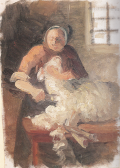 A woman shearing a sheep by Anna Ancher