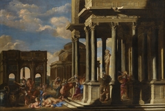 An Architectural Capriccio with a Bacchanalian Procession. by Filippo Gagliardi