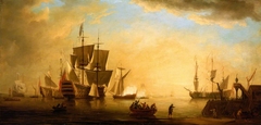 An English Flagship and Other Vessels Becalmed at Sun Down by Peter Monamy