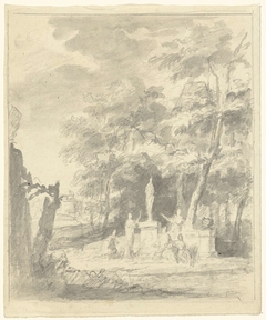 Arcadisch landschap met figuren rond een standbeeld by Unknown Artist