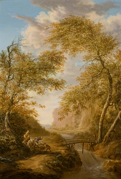 Bergachtig boslandschap met brug en waterval by Vincent Jansz van der Vinne