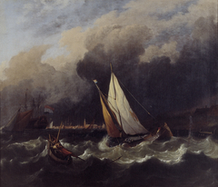 De pier te Hoorn by Ludolf Bakhuizen