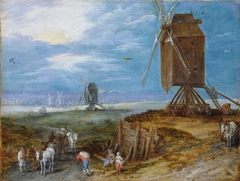 Extensive landscape with mills, peasants and carriages in the foreground by Jan Brueghel the Elder