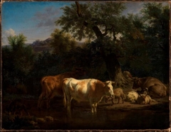 Forest landscape with resting cows and sheep by Adriaen van de Velde