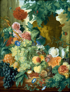 Fruit and Flowers in front of a Garden Vase with an Opium Poppy and a Row of Cypresses by Jan van Huysum