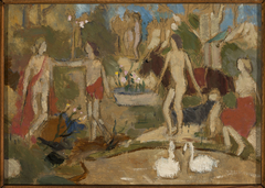 Garden scene with figures and swans by Tadeusz Makowski