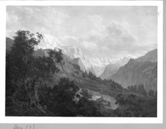 Gebirgslandschaft mit Alm im Vordergrund und Staffage by Samuel Friedrich Diez