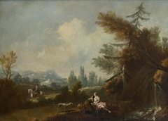 Hilly Landscape with two Country Women and a Dog by a Small Waterfall and a Rider on a Road by Giuseppe Zais