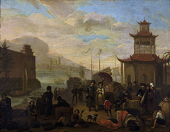 Hollandse kooplieden, handeldrijvend in een  Chinese haven by Richard Brakenburgh