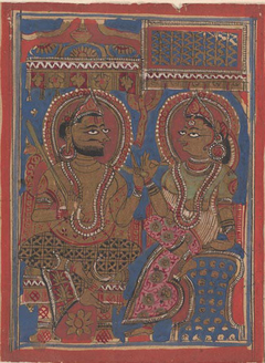 King Siddhartha Tells Queen Trisala the Meaning of the Fourteen Dreams (left) and The Interpretation of Dreams (right): Folio from a Kalpasutra Manuscript by Anonymous