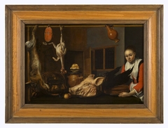 Kitchen maid with pie, plucked chicken, dead hare and pig's head by Jan Willemsz van der Wilde