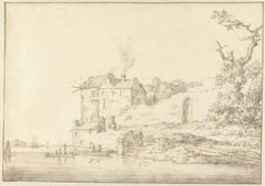 Landschap met vervallen huis aan een rivier by Jacob Akersloot