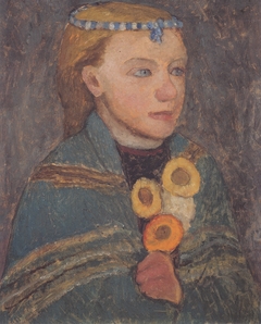 Mädchen mit blauweißer Kette im Haar by Paula Modersohn-Becker