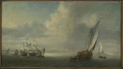 Marine view with a port in the background by Abraham de Verwer