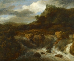 Mountainous landscape with a waterfall, in the background on the right Bentheim castle by Jacob van Ruisdael