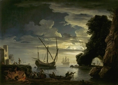 Night: Rocky Inlet with Fisherfolk setting their Nets, cooking and drinking by Joseph Vernet