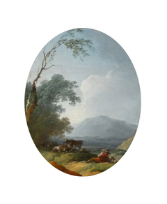 Paysage ovale avec un berger se reposant au bord d'un ruisseau by Philip James de Loutherbourg