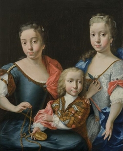 Portrait of the grandchildren of the artist: Margaretha Maria (1719-1784) and Adriana Martina (1721-1763) with their brother Adriaan (1723-?) by Theodorus Justinus Rheen