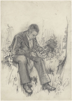 Portret van Johan de Meester, een boek lezend in een tuin by Anthon Gerhard Alexander van Rappard