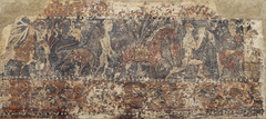 Profane paintings from Sigena: Deer eating fruit from a tree, lion holding a naked man and dismounted knight kneeling before a lady on a throne by Anonymous