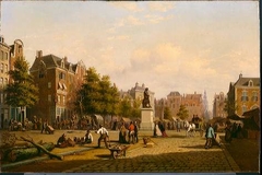 Reguliersplein (thans Thorbeckeplein) in 1869, met op de achtergrond de Botermarkt (thans Rembrandtplein) by Andries Scheerboom