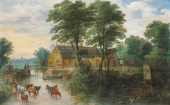 River landscape with cottages and cattle, Antwerp in the distance by Joos de Momper the Younger