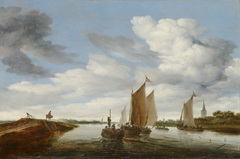 River Landscape with Sailing Boats and a Horse-Drawn Barge by Salomon van Ruysdael