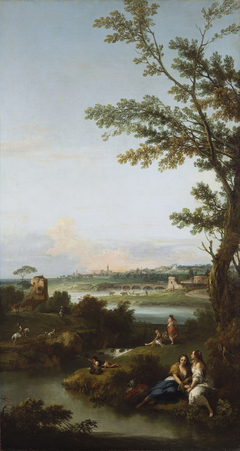 River Landscape with Two Seated Women Embracing by Francesco Zuccarelli