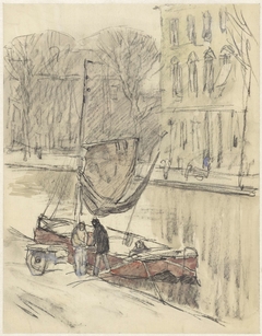 Schuit in een stadsgracht by Adolf le Comte