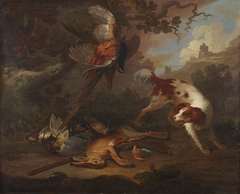 Spaniel with Dead Game and a Gun in a Landscape by Anonymous