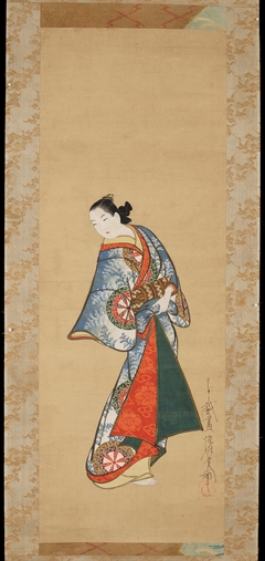 Standing Prostitute in Kimono with Fern and Wheel Pattern by Kaigetsudō Ando