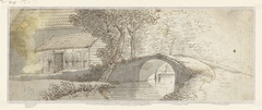 Stenen brug bij een groep huizen by Unknown Artist