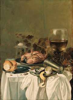 Still life with crab, oyster, lemon, twist of pepper, overturned beaker, bread, knife, roemer and salt cellar by Pieter Claesz