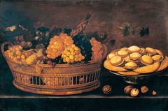 Still Life with Grapes in a basket and a tray of pastries by Francesco Codino