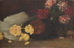 Still Life with Tea roses, peonies and Chapeau Claque by Carl Schuch