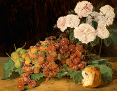 Stillleben mit Rosen, Erdbeeren und Brot by Ferdinand Georg Waldmüller