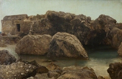 Stone Hut on Rocky Coast by possibly John Brett