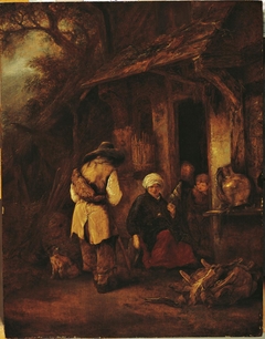 Traveler approaching a seated woman at a farm by Isaac van Ostade