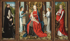 Triptych of Madonna and Child with Angels; Donor and His Patron Saint Peter Martyr; and Saint Jerome and His Lion by Master of the Legend of Saint Lucy