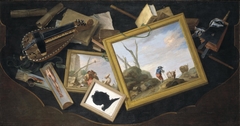 Trompe-l'œil of a Table in a Mess with Paintings, a Hurdy-Gurdy, Books and Other Objects by Charles Joseph Flipart