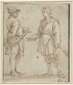 Twee staande mannen die met elkaar praten by Unknown Artist