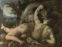 Two Followers of Cadmus devoured by a Dragon by Cornelis van Haarlem