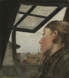 Young girl looking out of a roof window by Laurits Andersen Ring