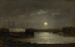 Untitled (moon over a harbor, wharf scene with full moon and masts of boats) by Edward Mitchell Bannister