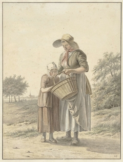 Vrouw en meisje op een landweg by Johan Christiaan Willem Safft