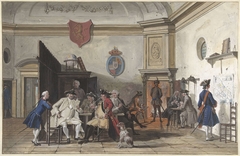 Wachtlokaal met lezende, rokende en kaartspelende officieren by Cornelis Troost