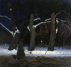 Winter landscape at night with a halberdier by Henryk Szczyglinski